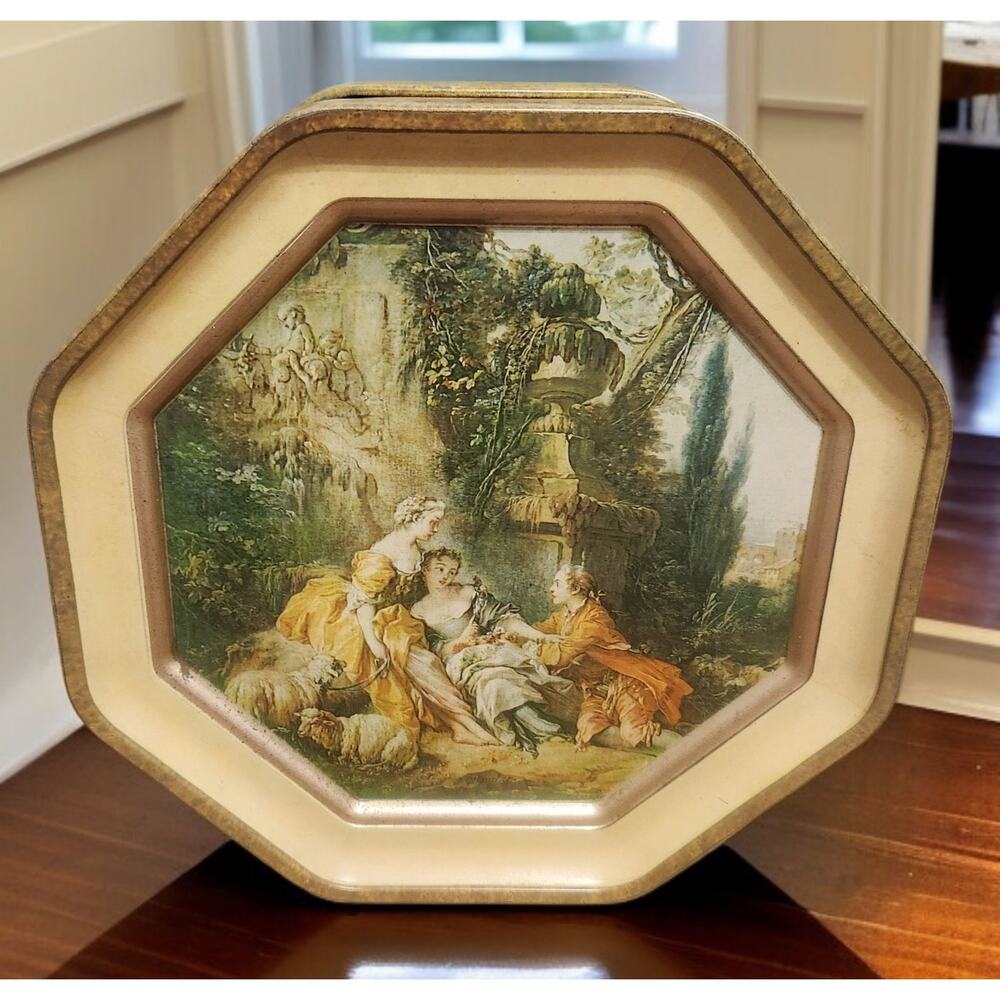 Victorian Octagonal Sunshine Biscuit Tin 2 Sided Francoise Boucher Paintings